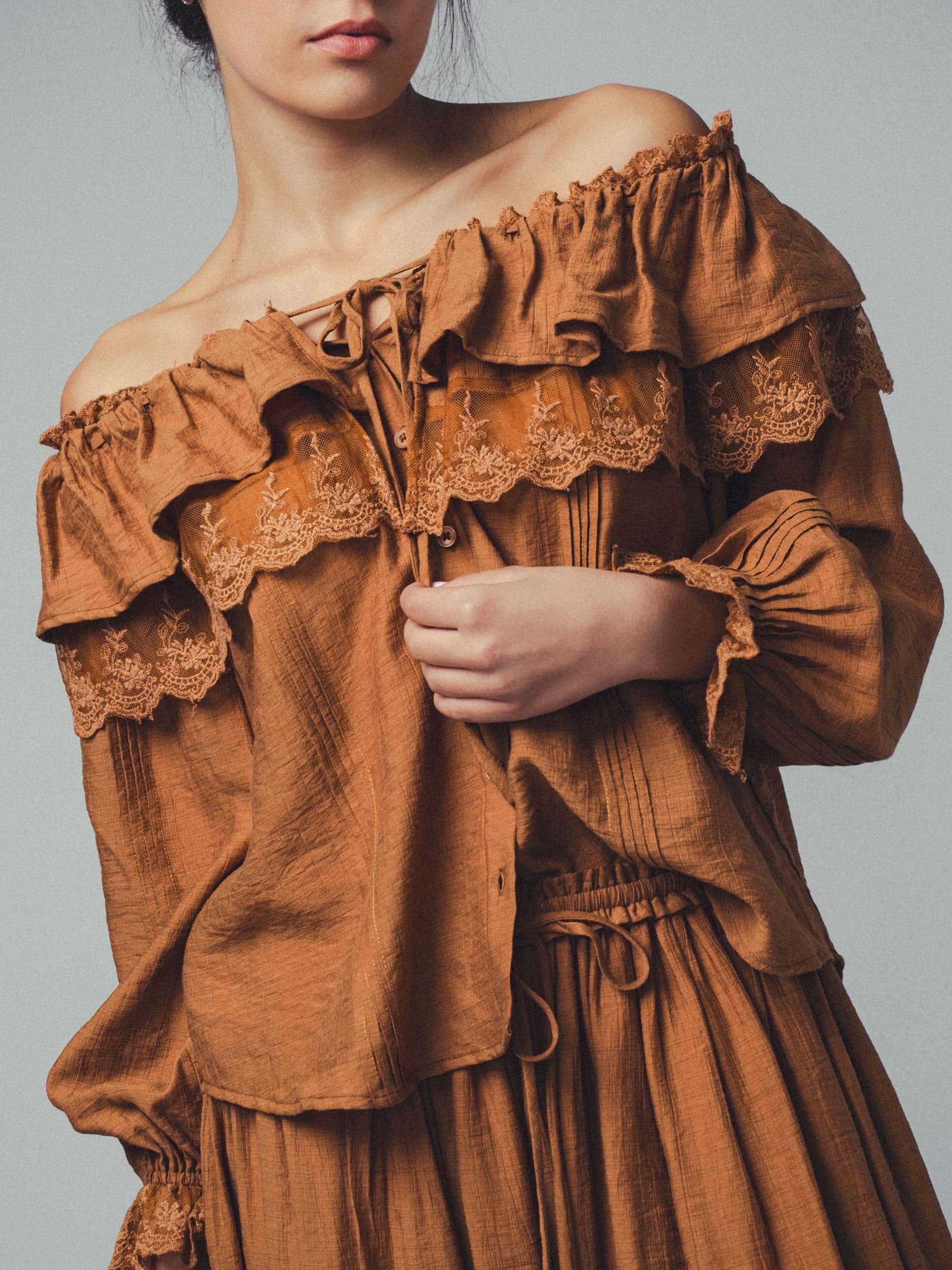 Lace Ruffled Blouse - Brown
