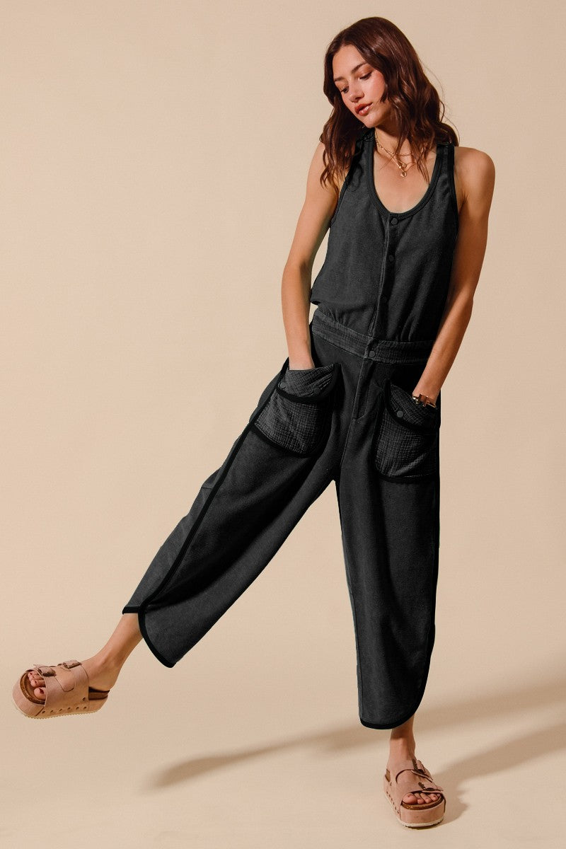 Mineral Washed Terry Jumpsuit - Black