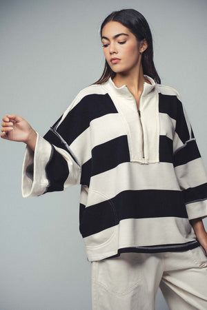Breezy Striped Pullover Top - Black