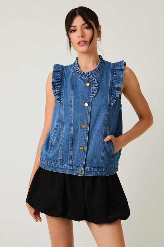Ruffle Detail Denim Vest