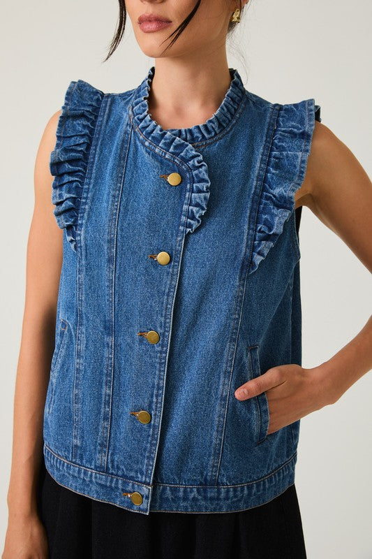 Ruffle Detail Denim Vest