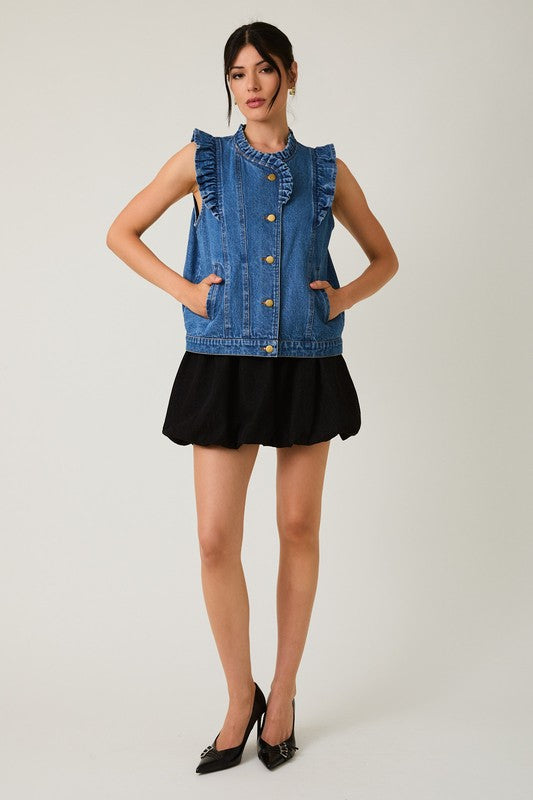 Ruffle Detail Denim Vest