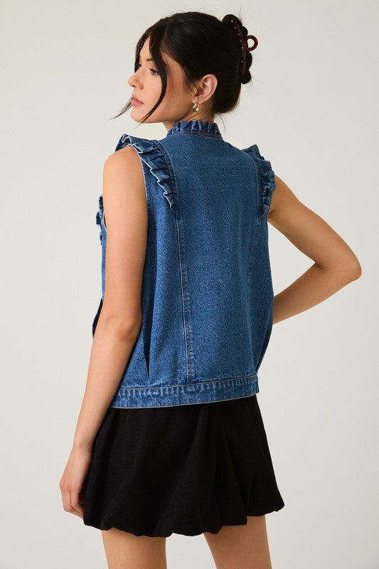 Ruffle Detail Denim Vest