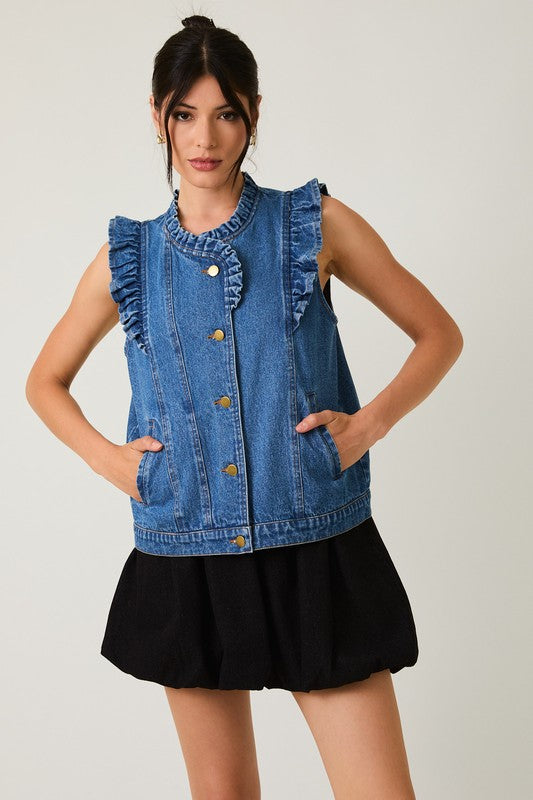 Ruffle Detail Denim Vest