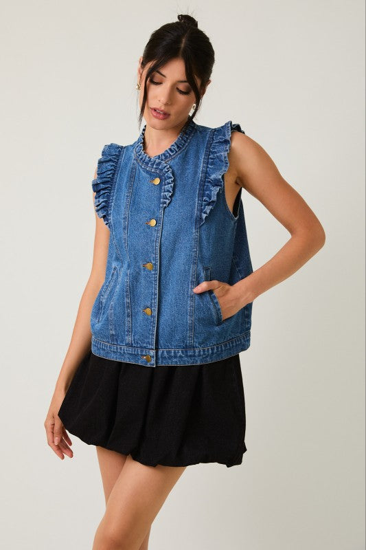 Ruffle Detail Denim Vest