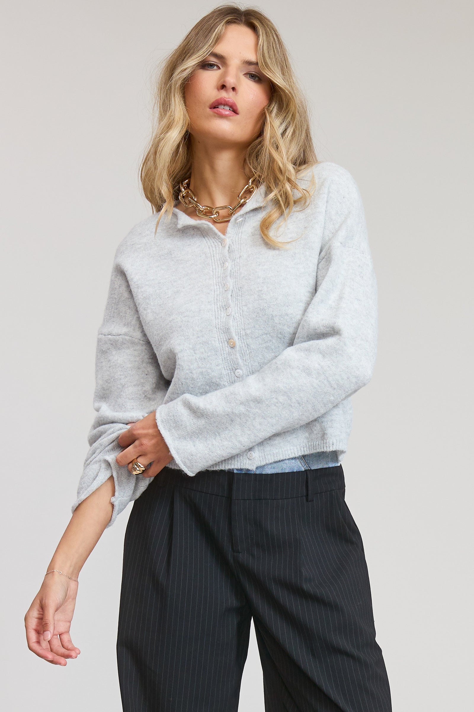 Elise Button Down Cardigan - Light Grey