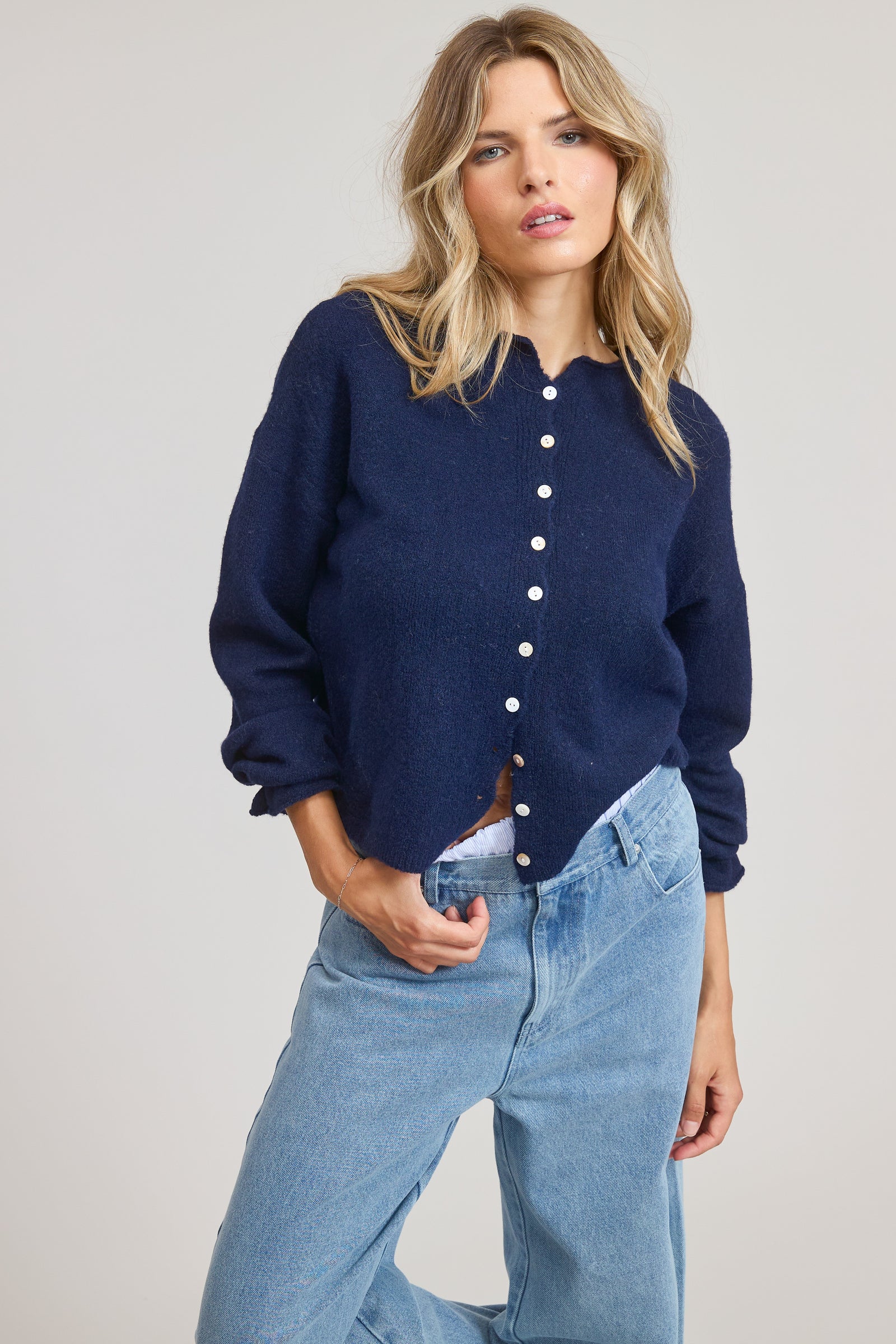 Elise Button Down Cardigan - Navy
