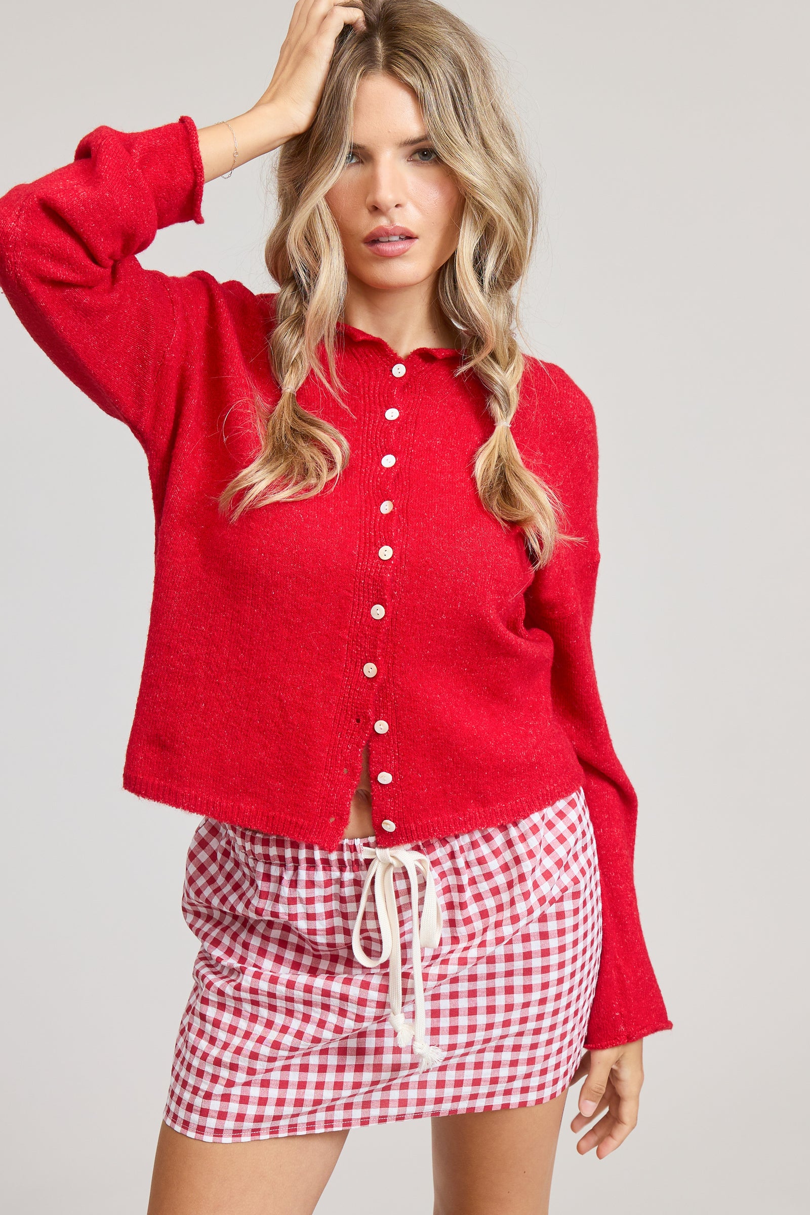Elise Button Down Cardigan - Red