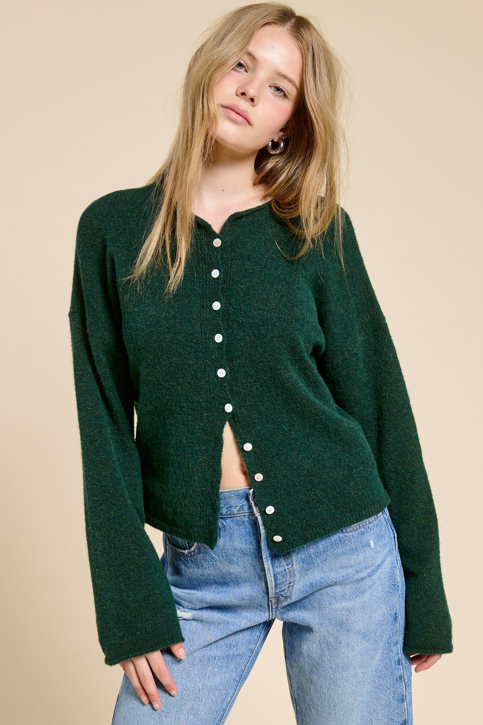 Elise Button Down Cardigan - Hunter Green