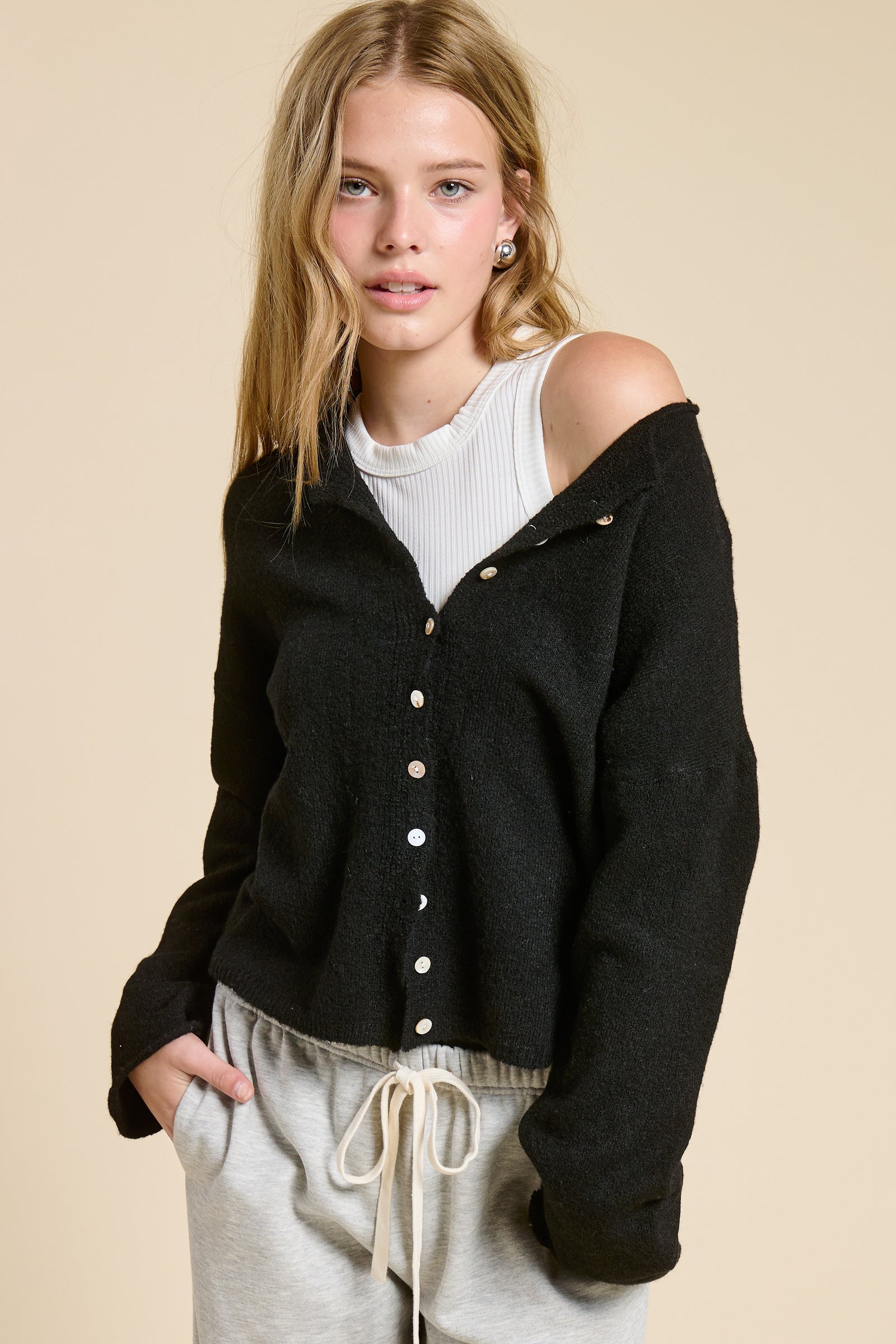 Elise Button Down Cardigan - Black