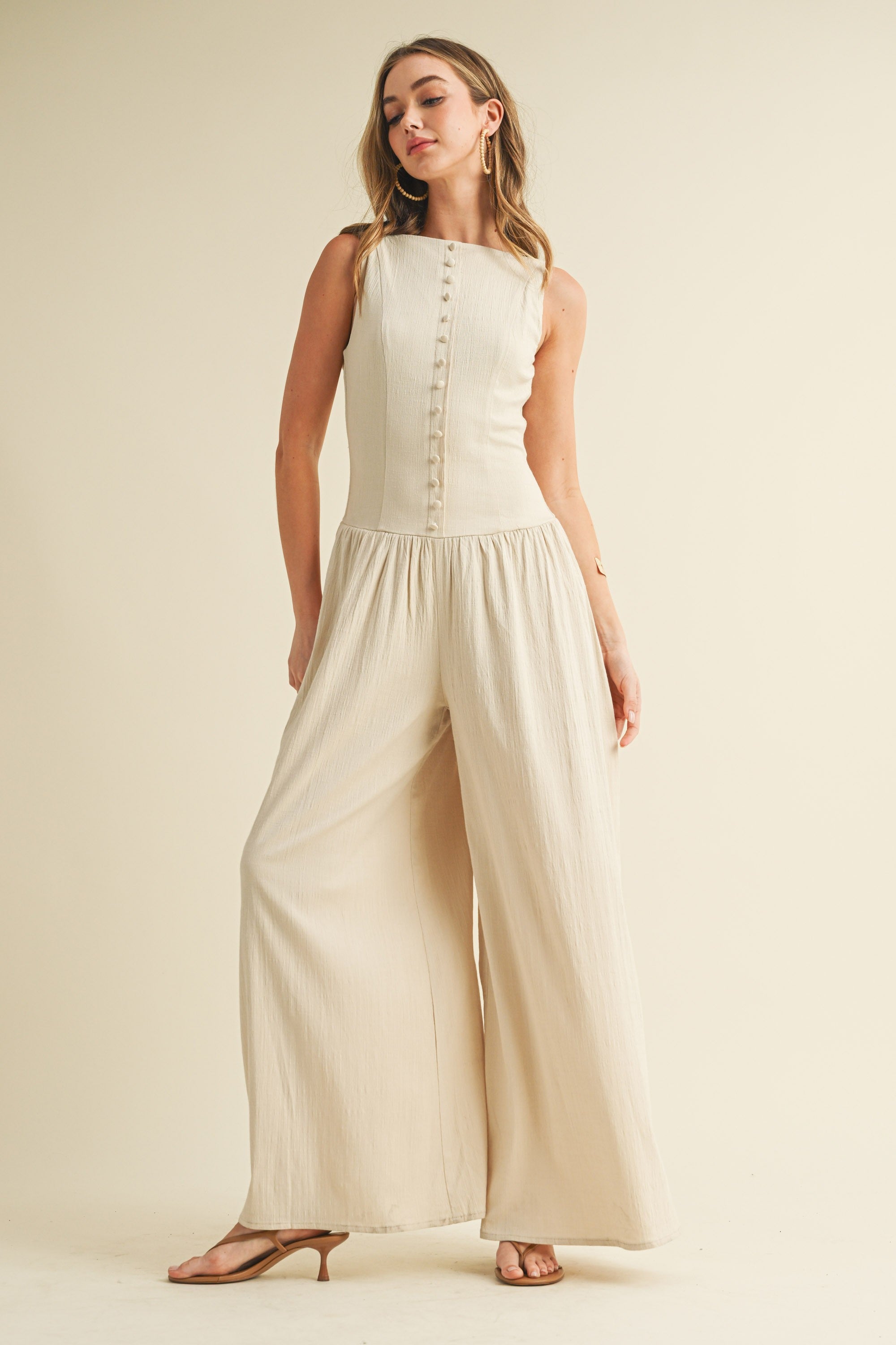 Linen Button Down Jumpsuit - Natural