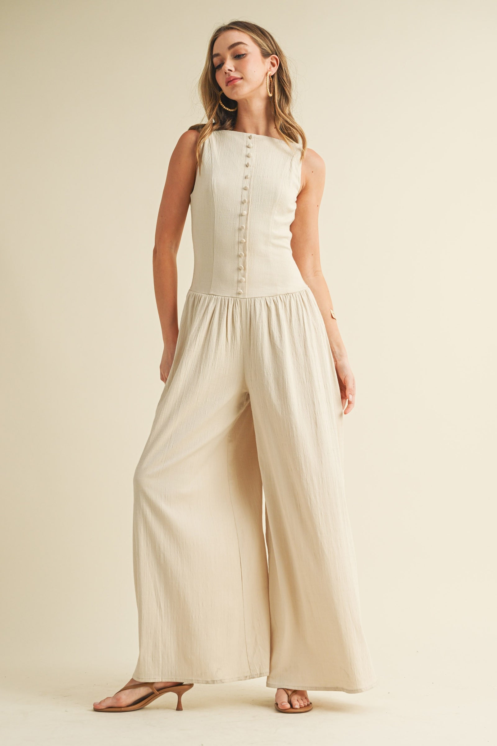 Linen Button Down Jumpsuit - Natural