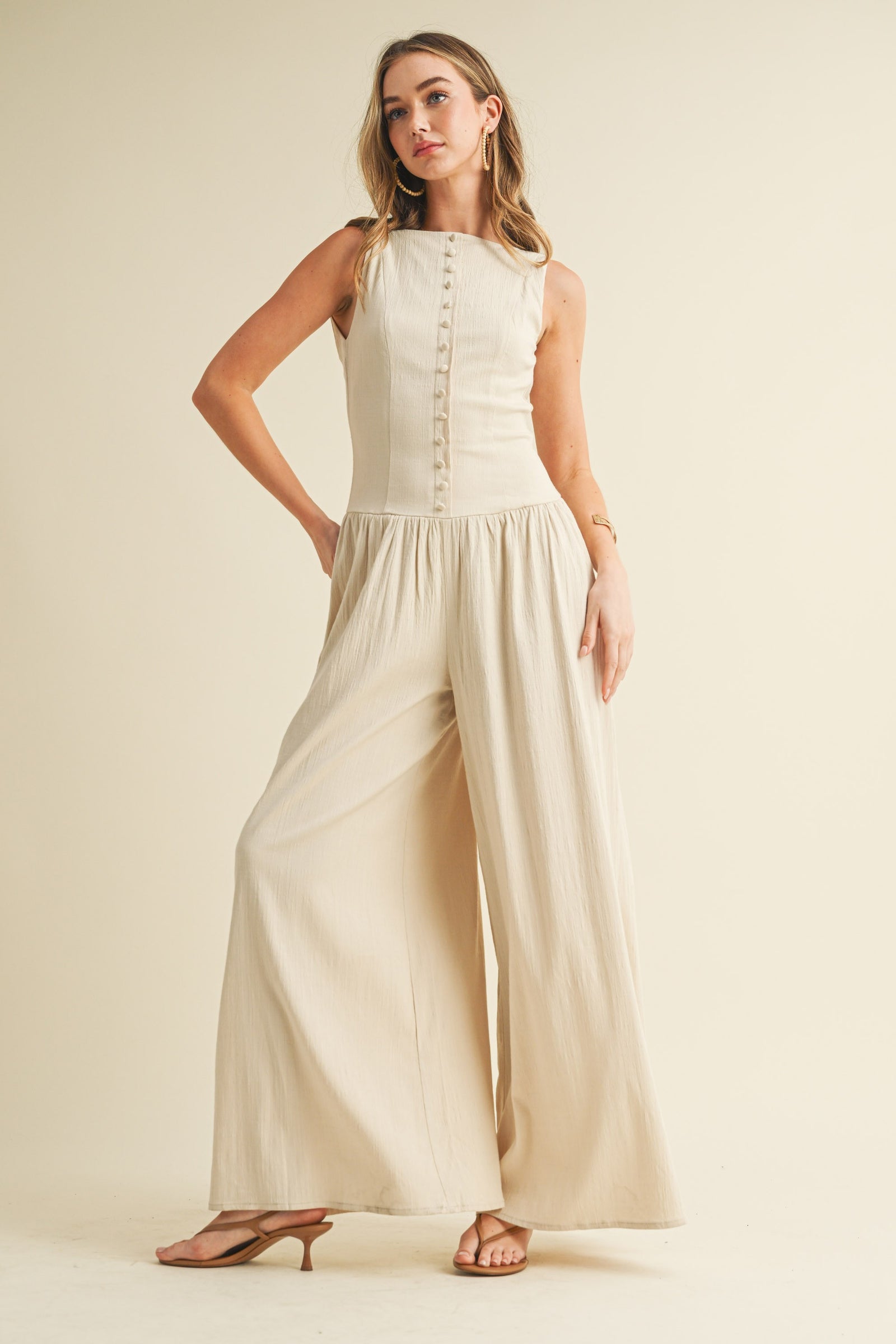 Linen Button Down Jumpsuit - Natural