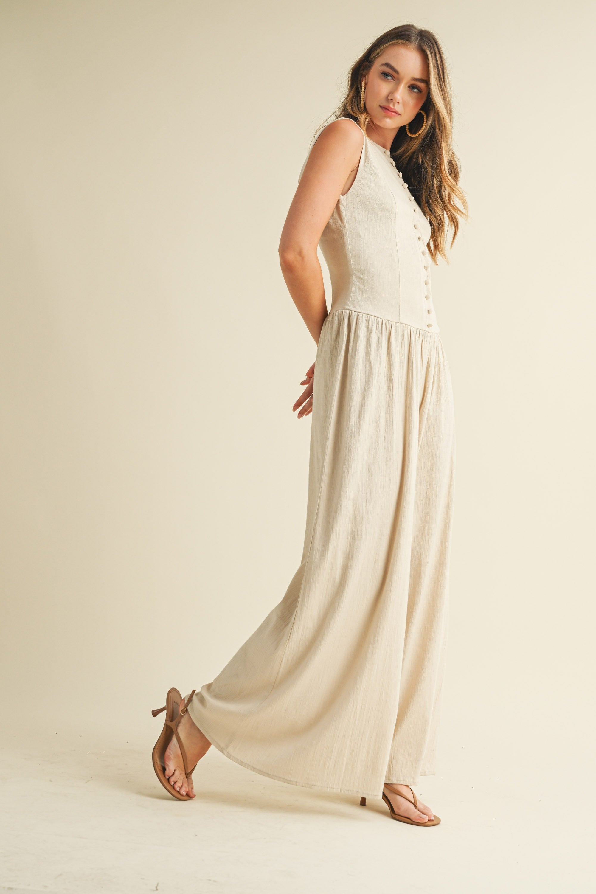 Linen Button Down Jumpsuit - Natural