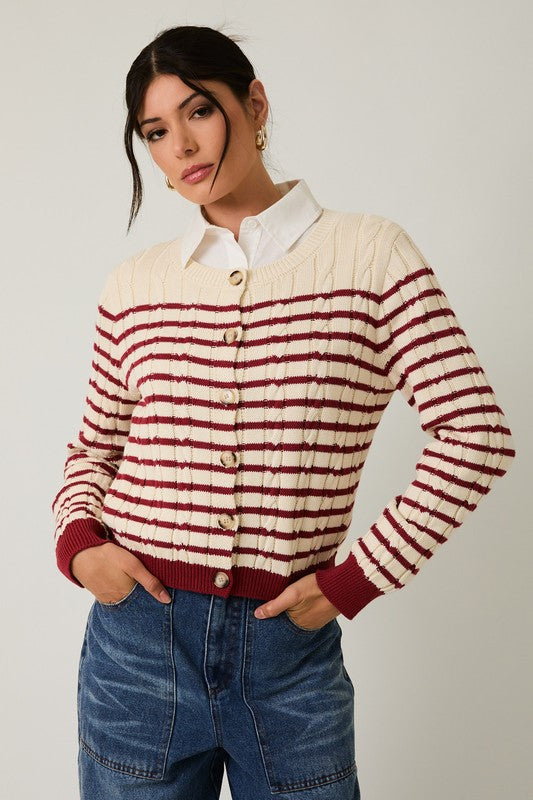 Striped Cable Knit Cardigan