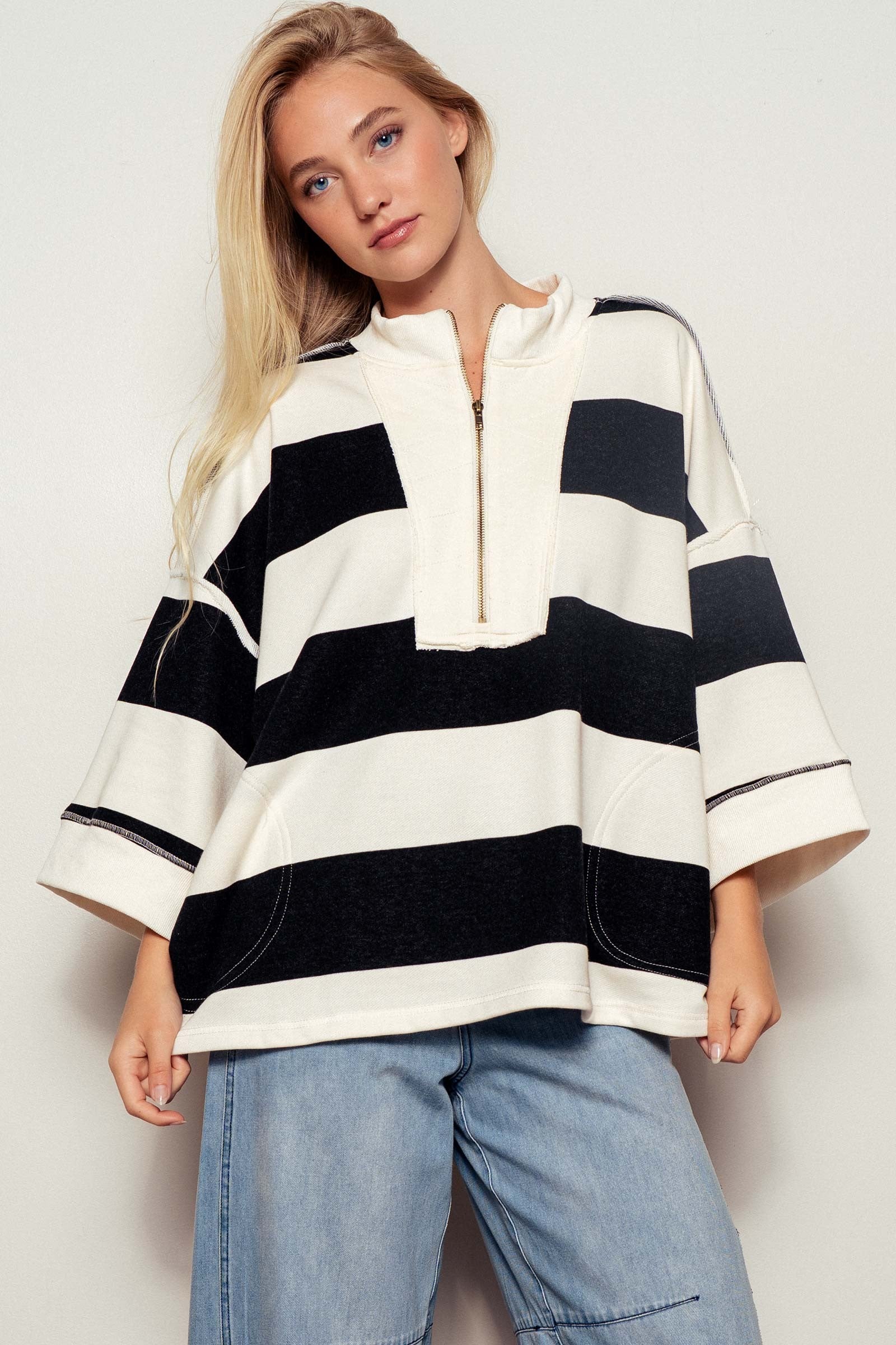 Breezy Striped Pullover Top - Cream Black