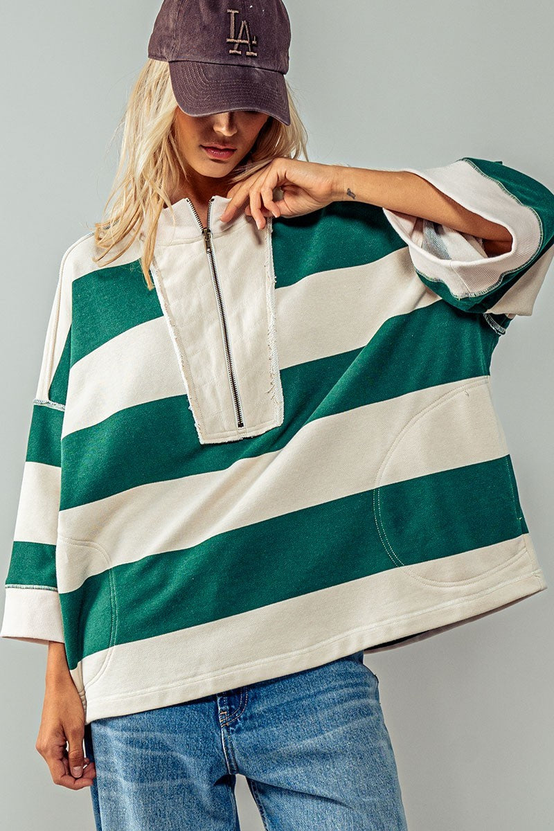 Breezy Striped Pullover Top - Cream Green