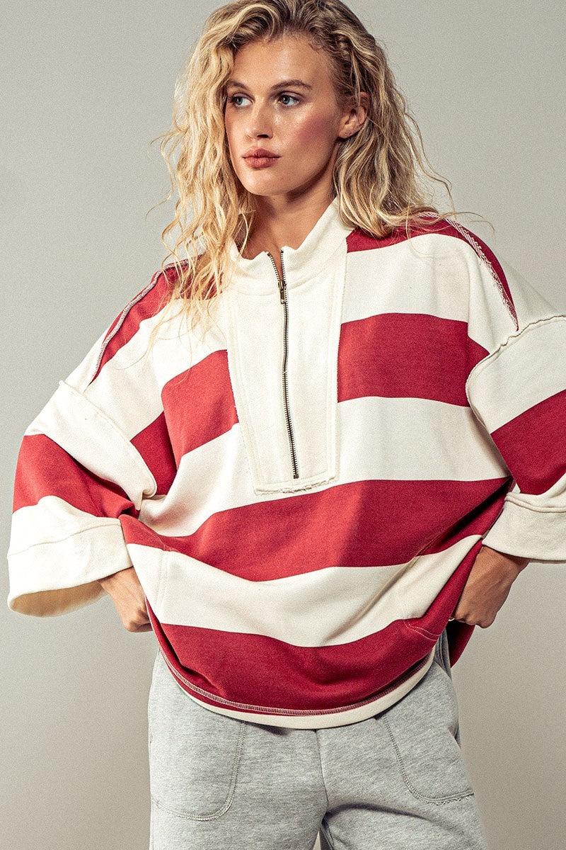 Breezy Striped Pullover Top - Cream Red
