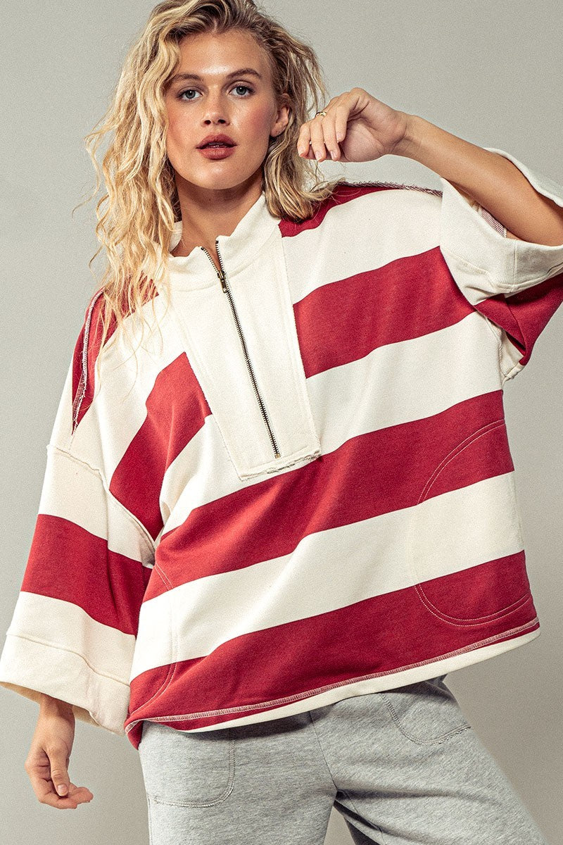 Breezy Striped Pullover Top - Cream Red