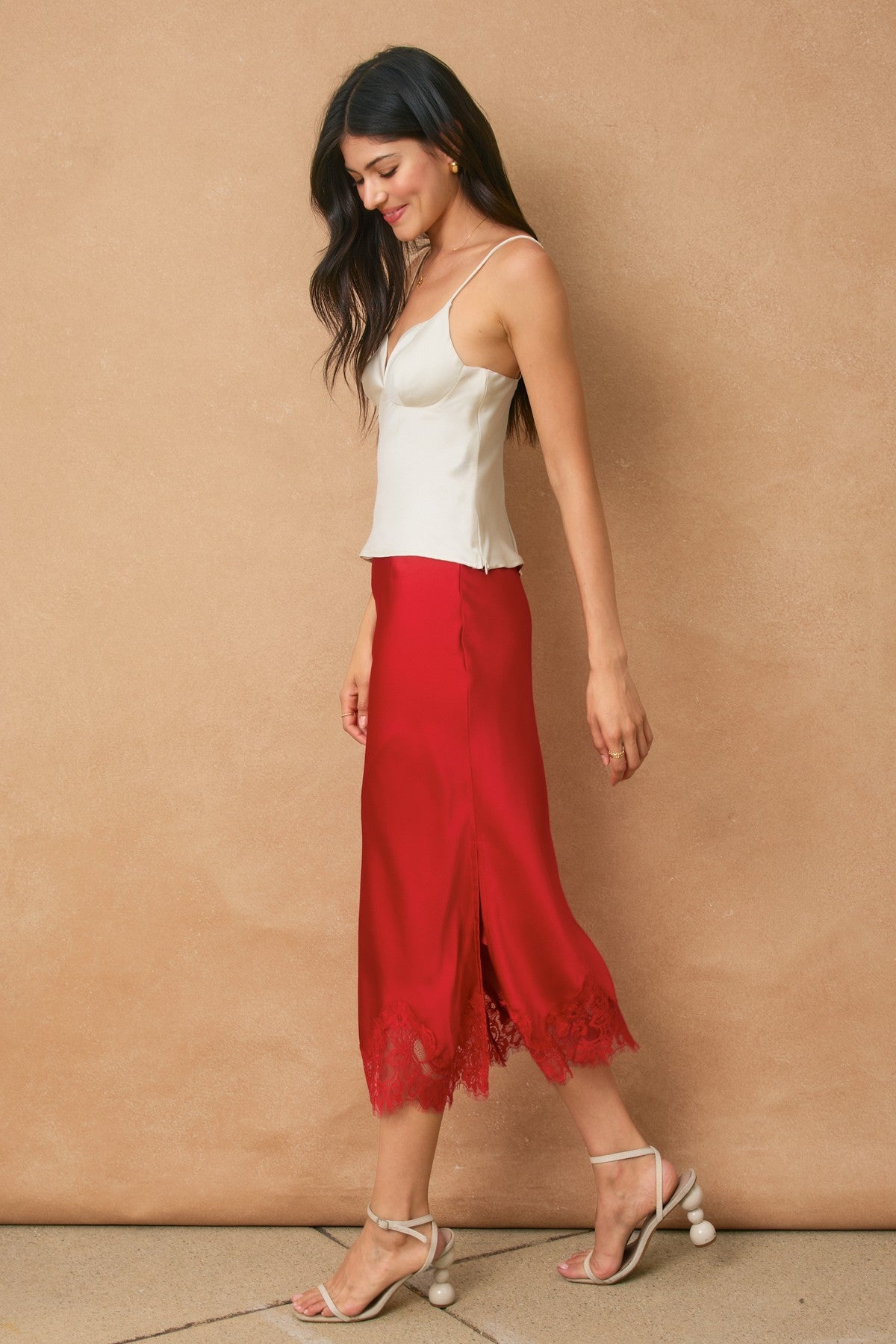 Satin Lace Midi Skirt - Red