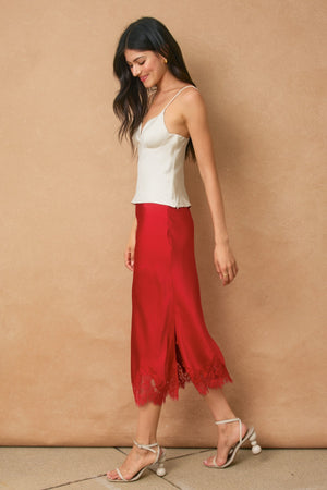 Satin Lace Midi Skirt - Red