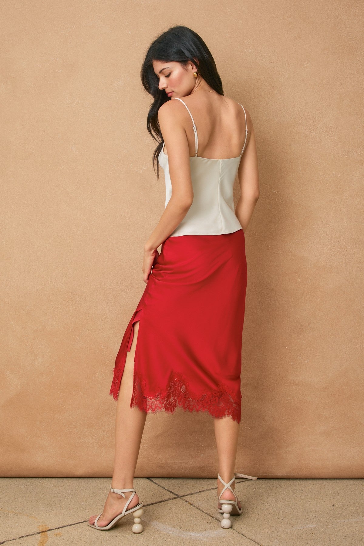 Satin Lace Midi Skirt - Red