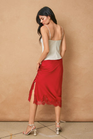 Satin Lace Midi Skirt - Red