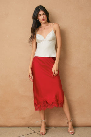 Satin Lace Midi Skirt - Red