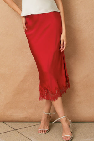 Satin Lace Midi Skirt - Red