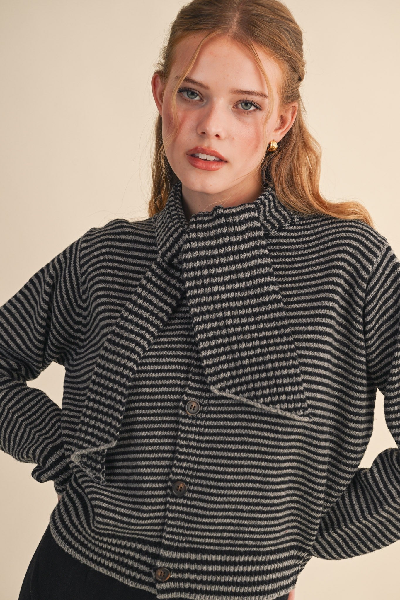 Striped Scarf Neck Cardigan - Black