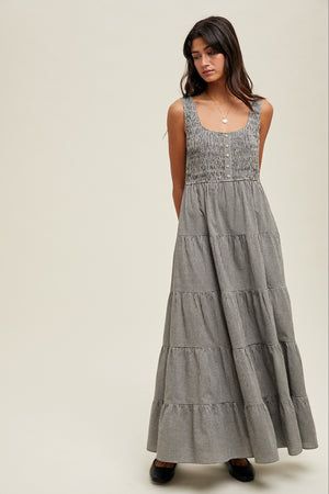 Plaid Tiered Midi Dress - Black/White