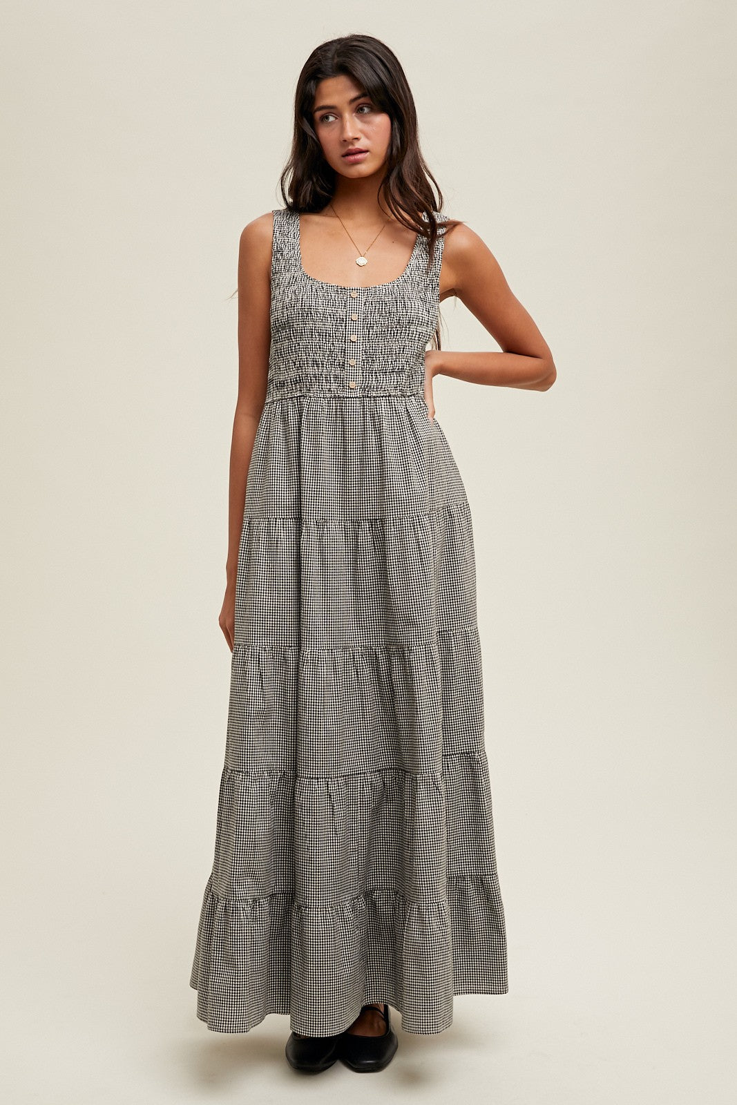 Plaid Tiered Midi Dress - Black/White