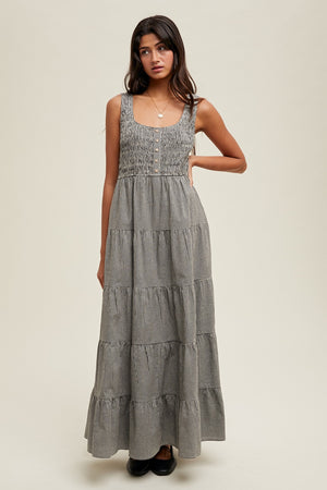 Plaid Tiered Midi Dress - Black/White