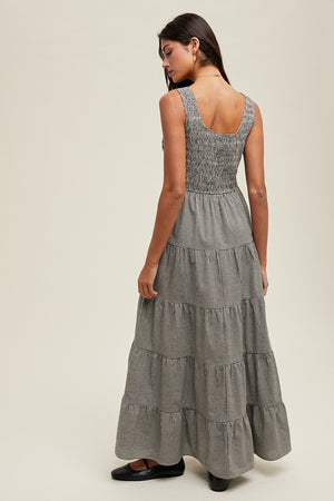 Plaid Tiered Midi Dress - Black/White