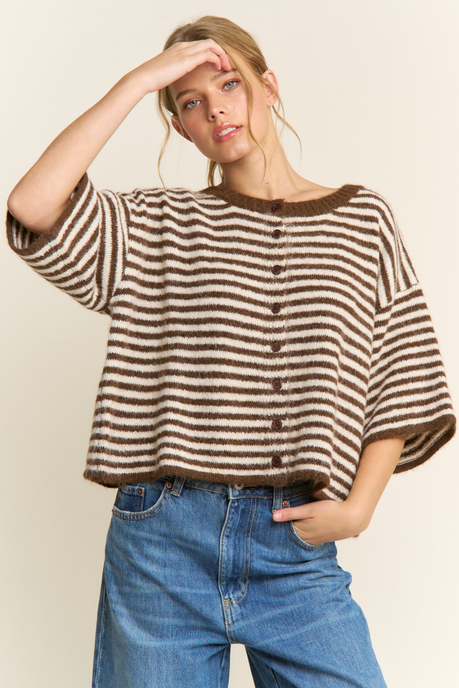 Olivia Striped Button Down Cardigan - Brown