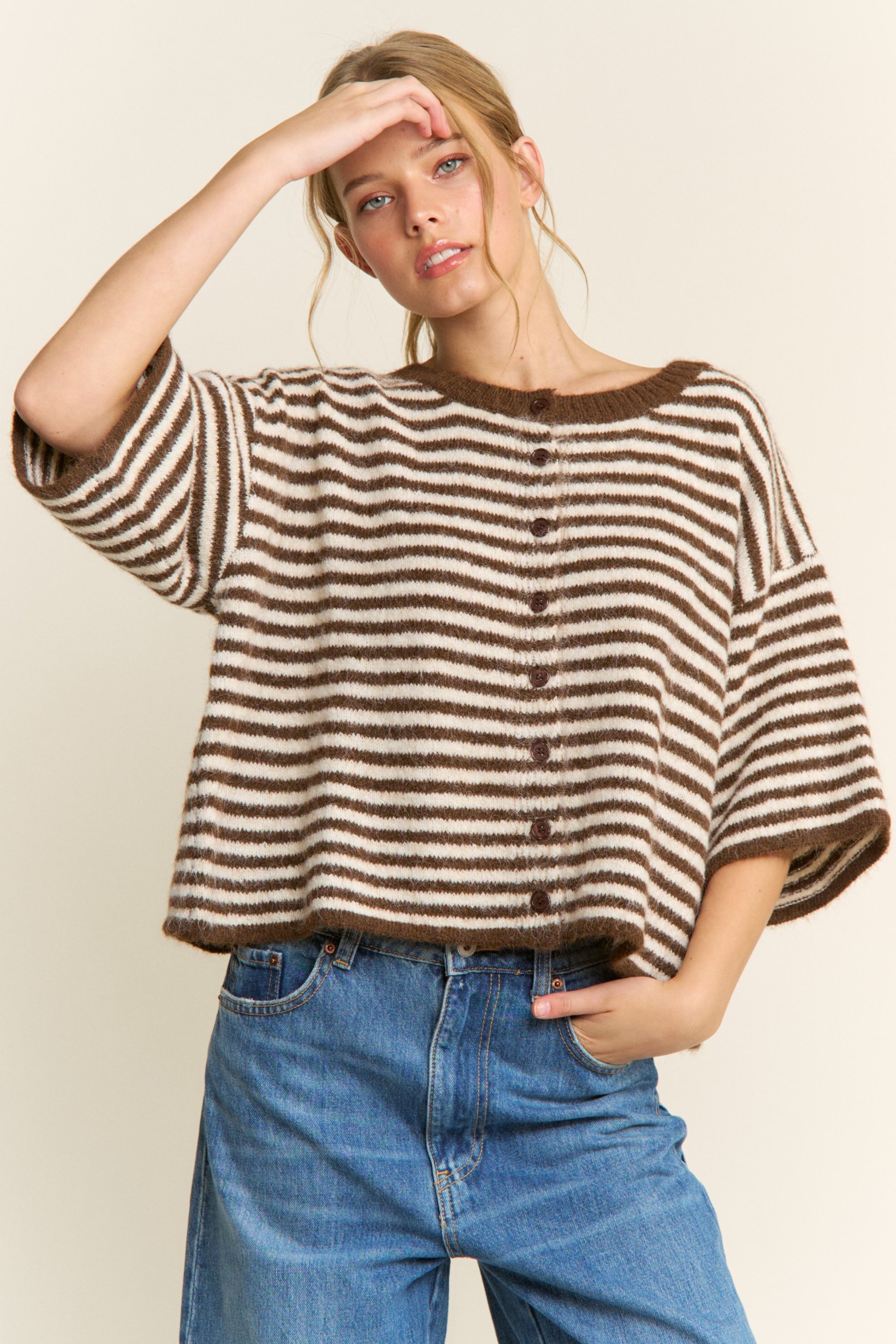 Olivia Striped Button Down Cardigan - Brown