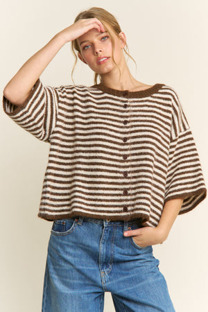 Olivia Striped Button Down Cardigan - Brown