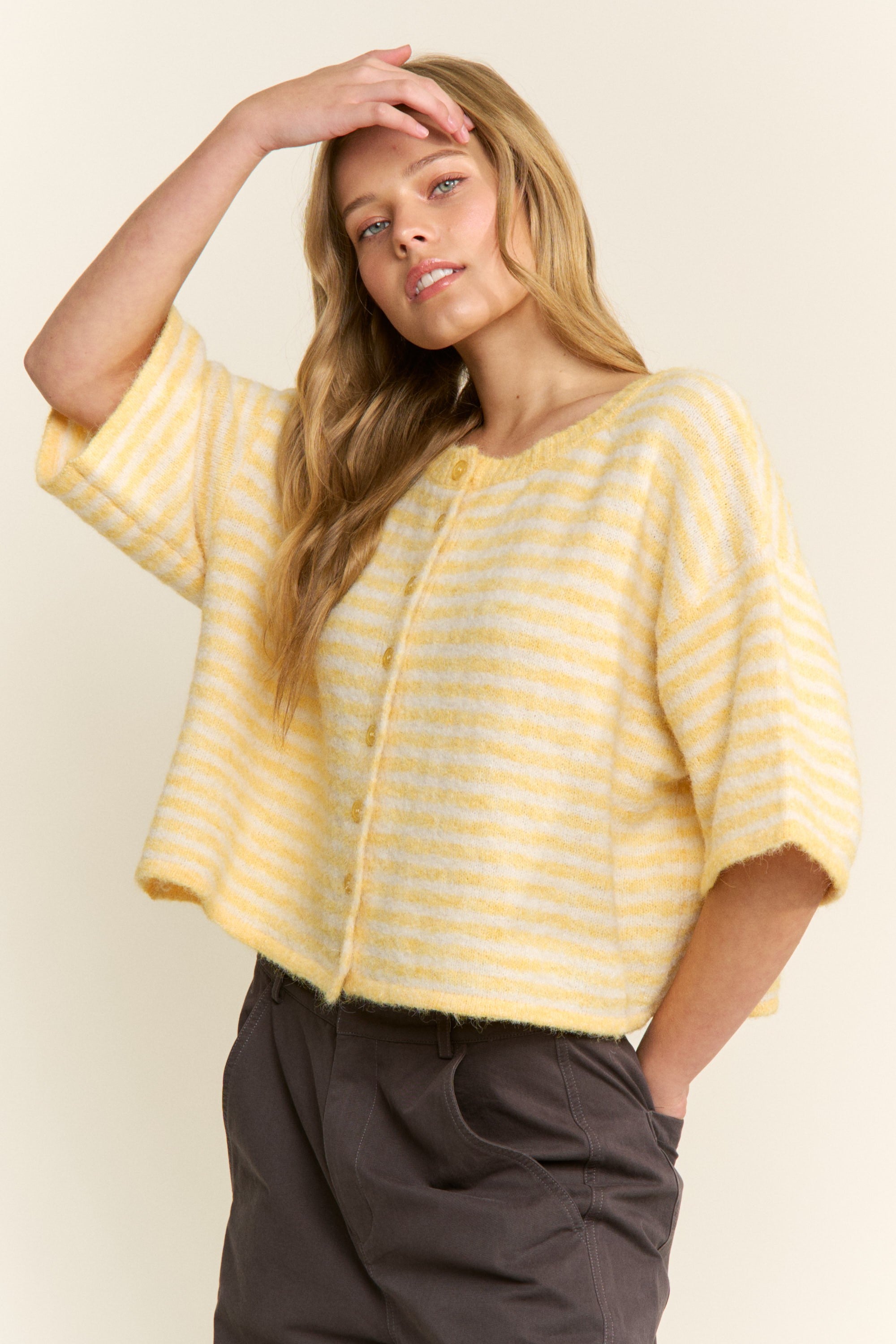 Olivia Striped Button Down Cardigan - Yellow