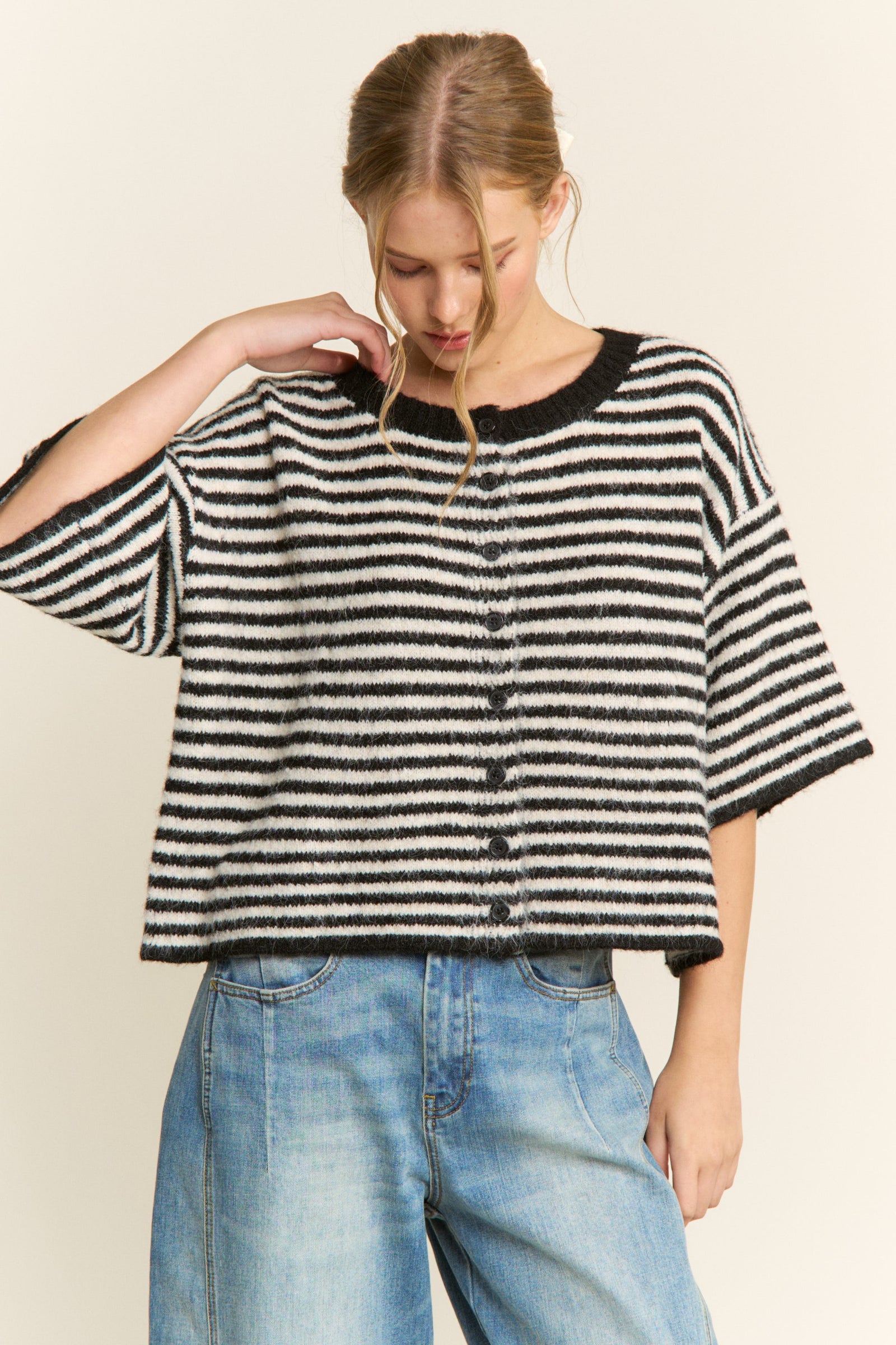 Olivia Striped Button Down Cardigan - Black