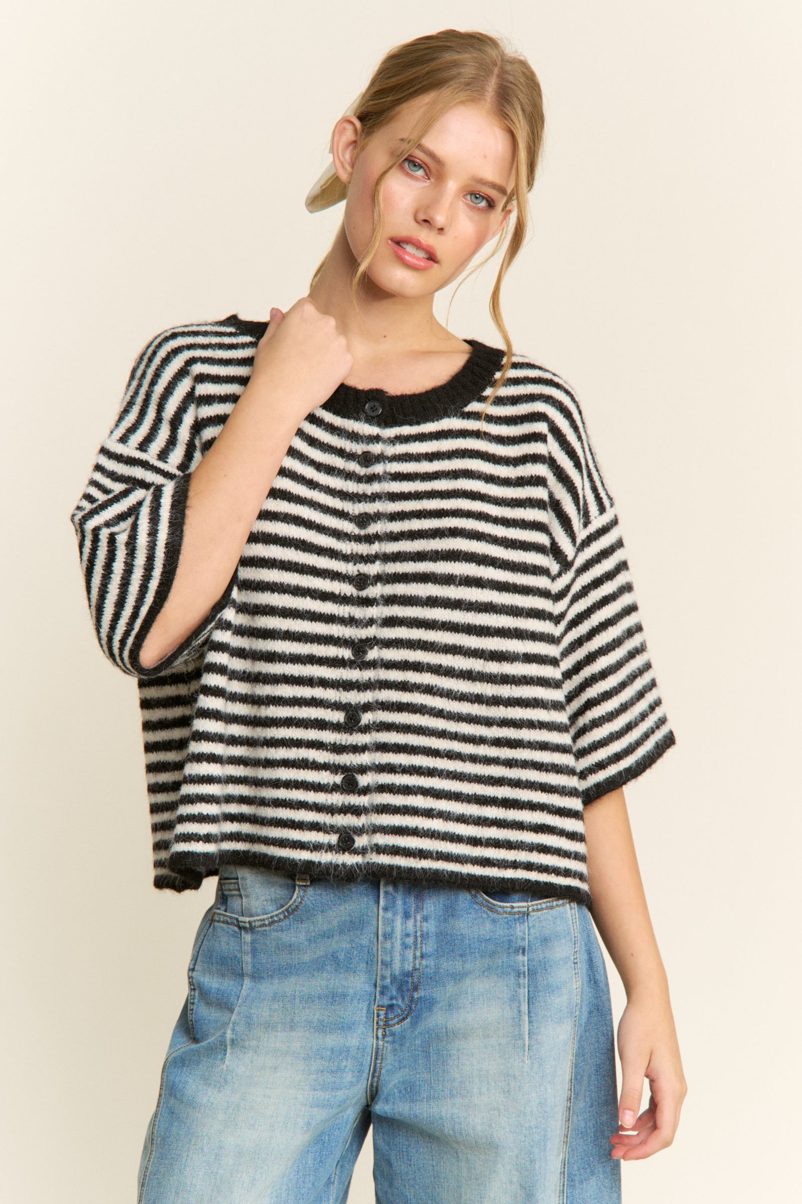 Olivia Striped Button Down Cardigan - Black