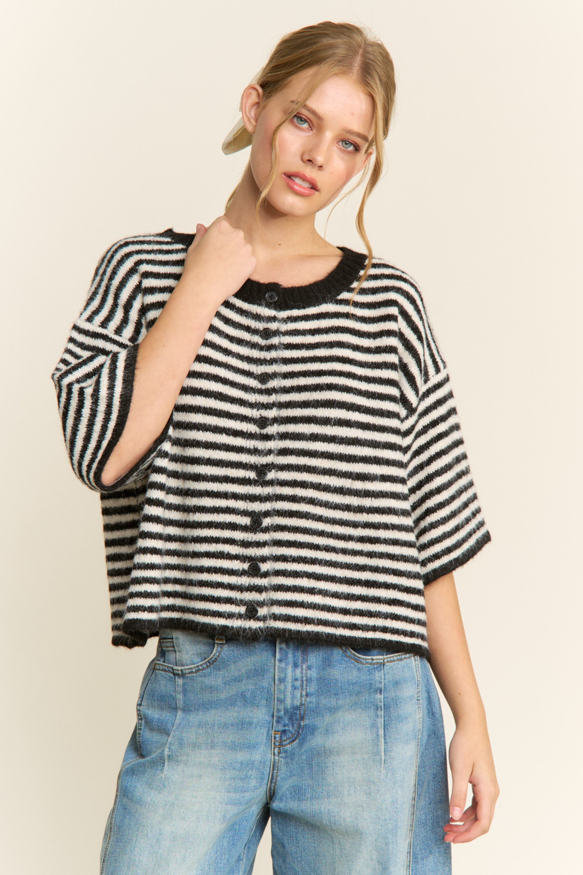 Olivia Striped Button Down Cardigan - Black