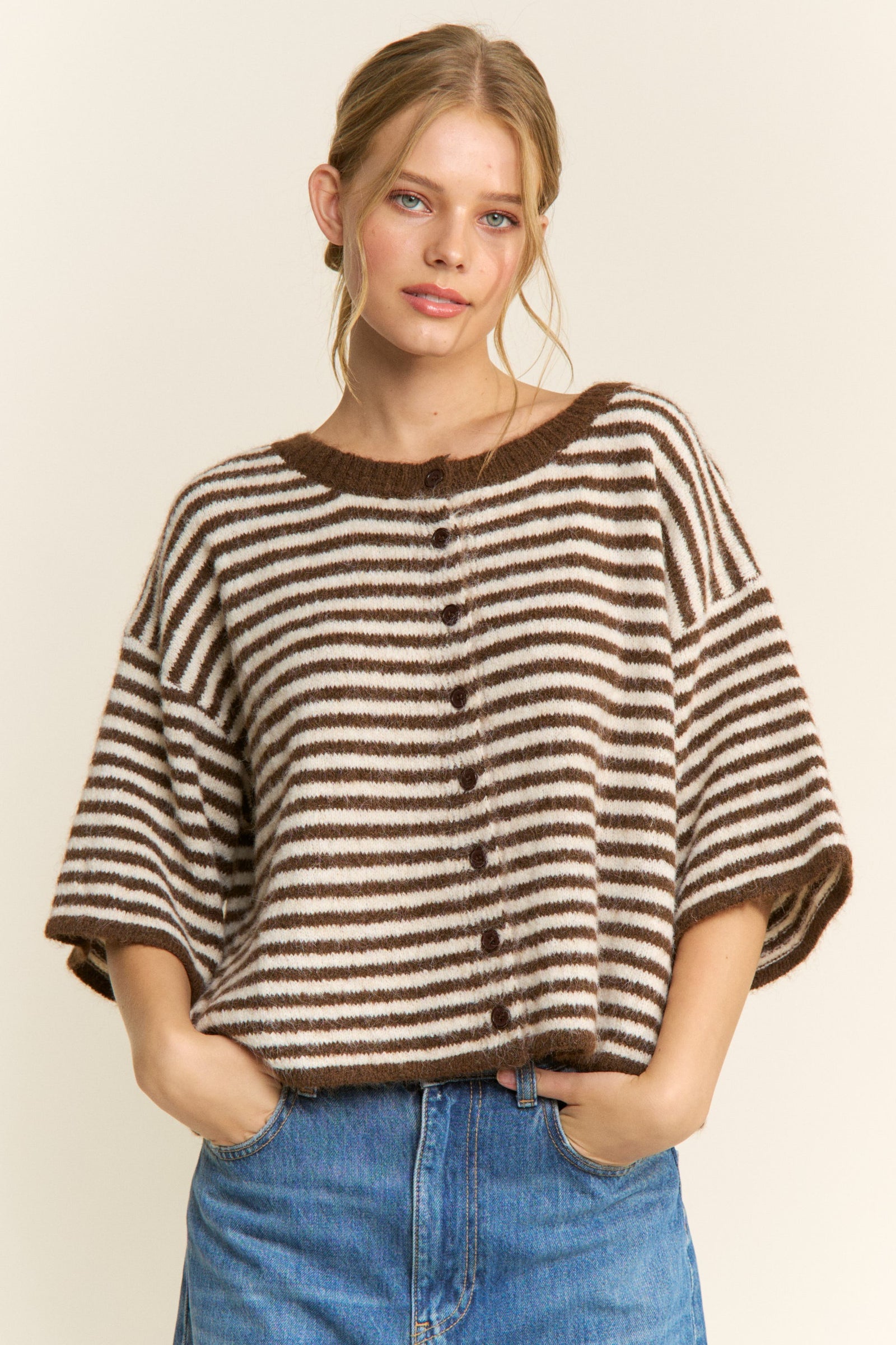 Olivia Striped Button Down Cardigan - Brown