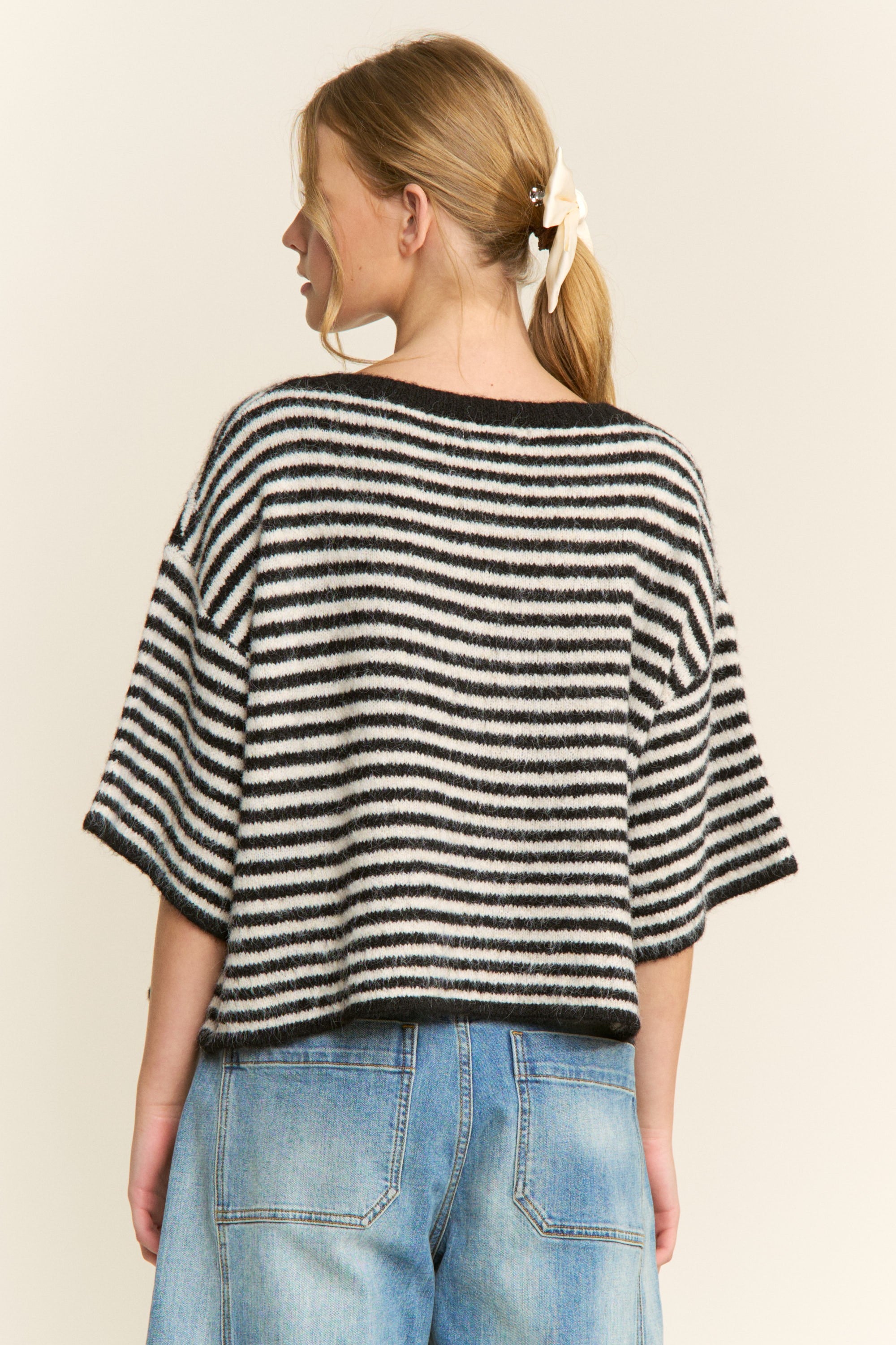 Olivia Striped Button Down Cardigan - Black