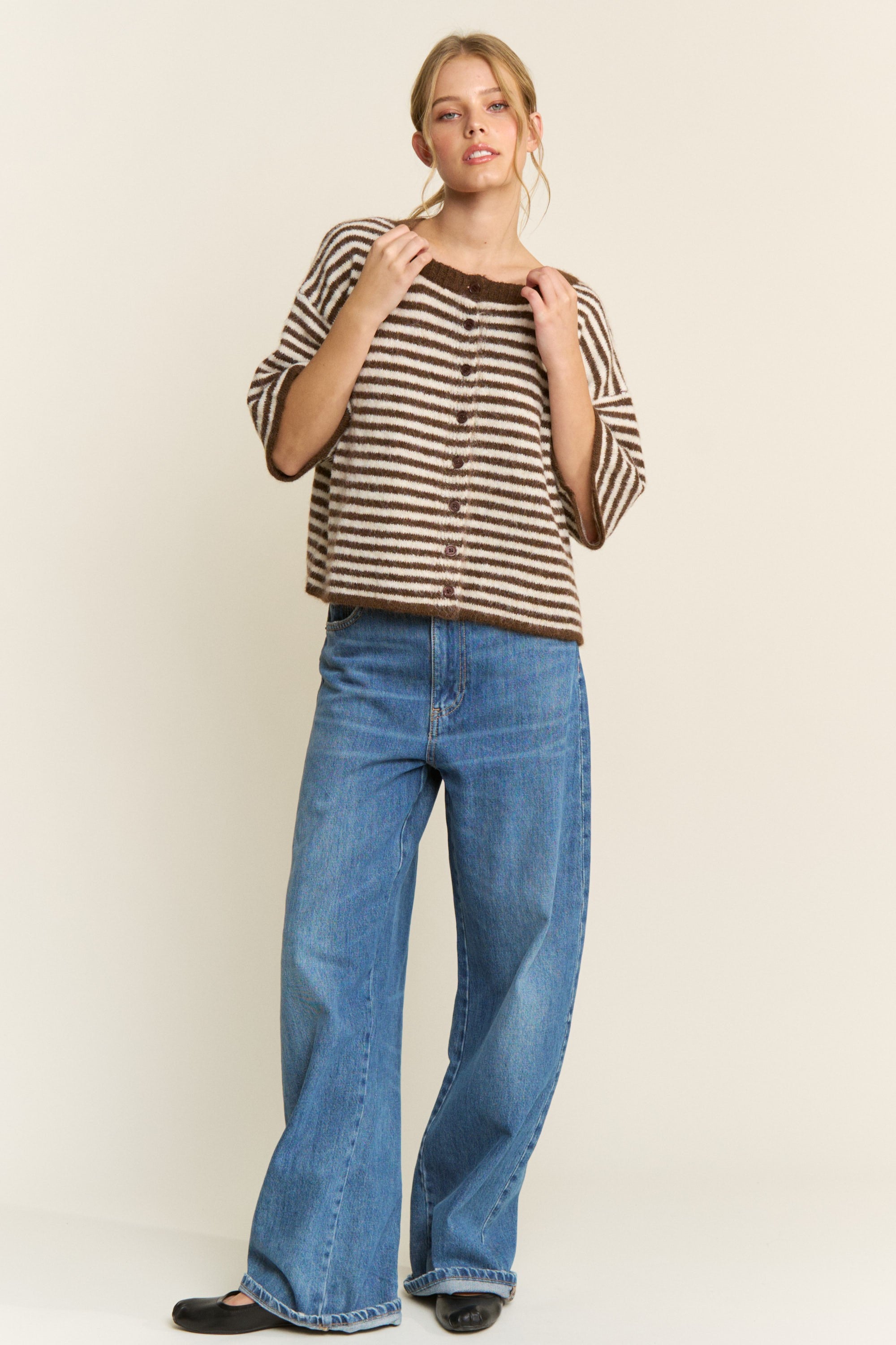 Olivia Striped Button Down Cardigan - Brown