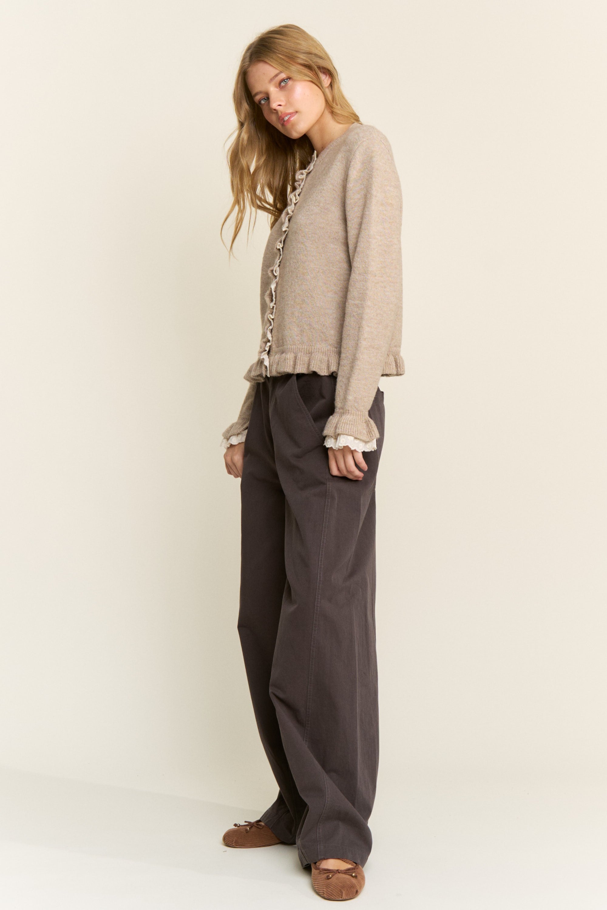 Ruffle Trim Cardigan - Oatmeal
