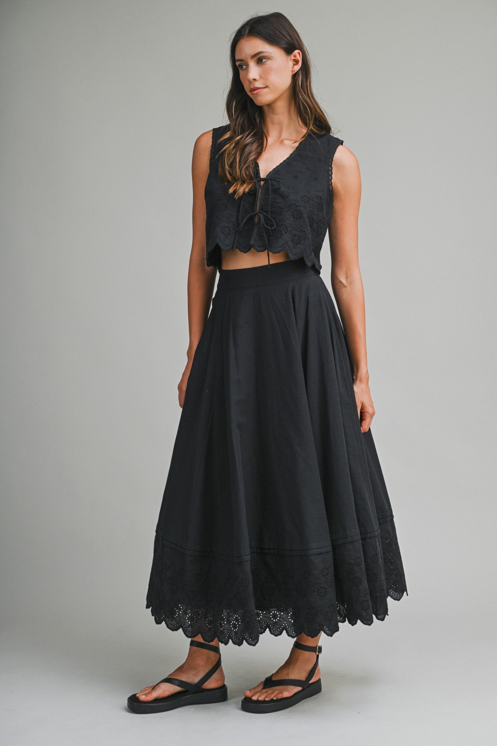 Eyelet Crop Top And Skirt Set - Black