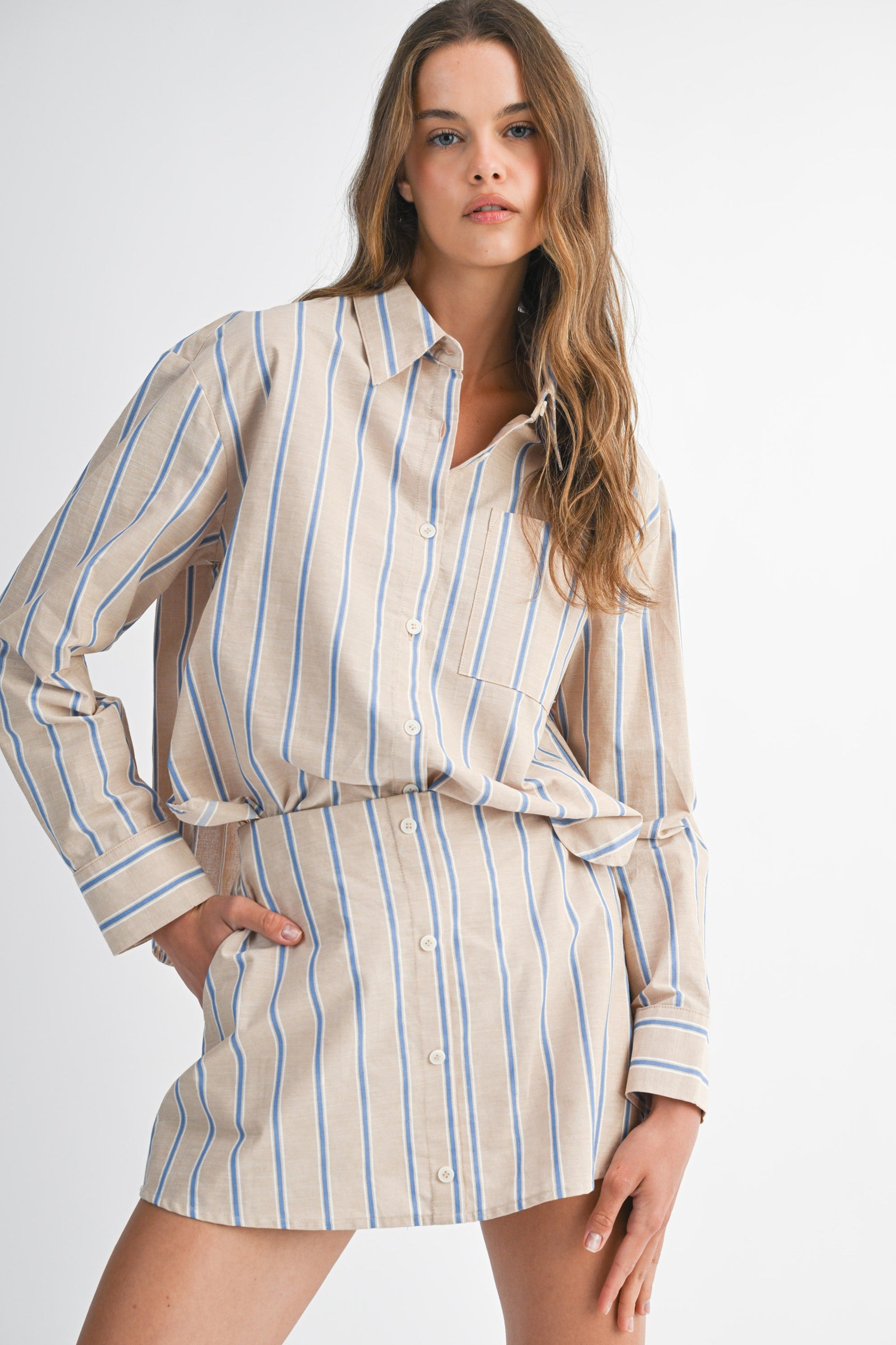 Pin Stripe Skirt Set - Taupe