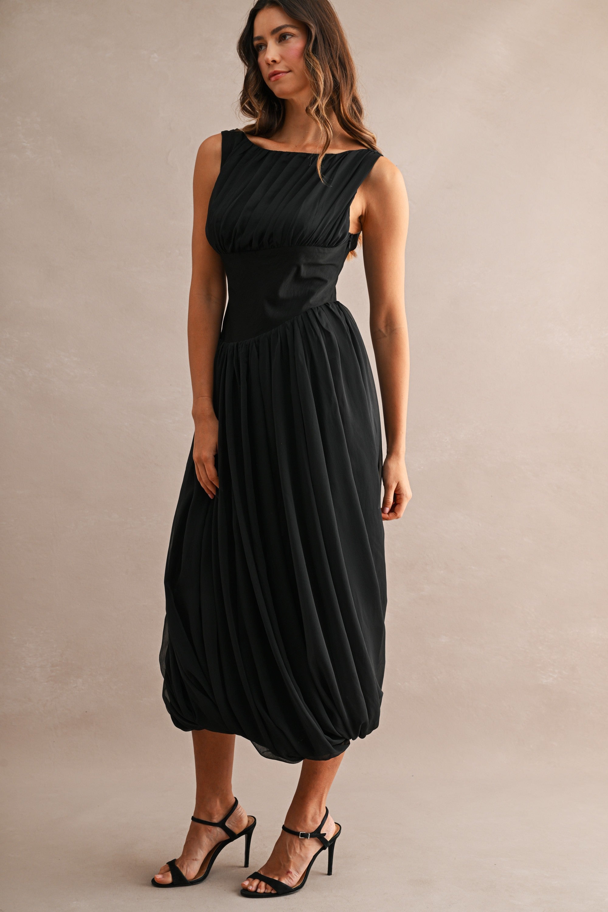 Bubble Hem Draped Midi Dress