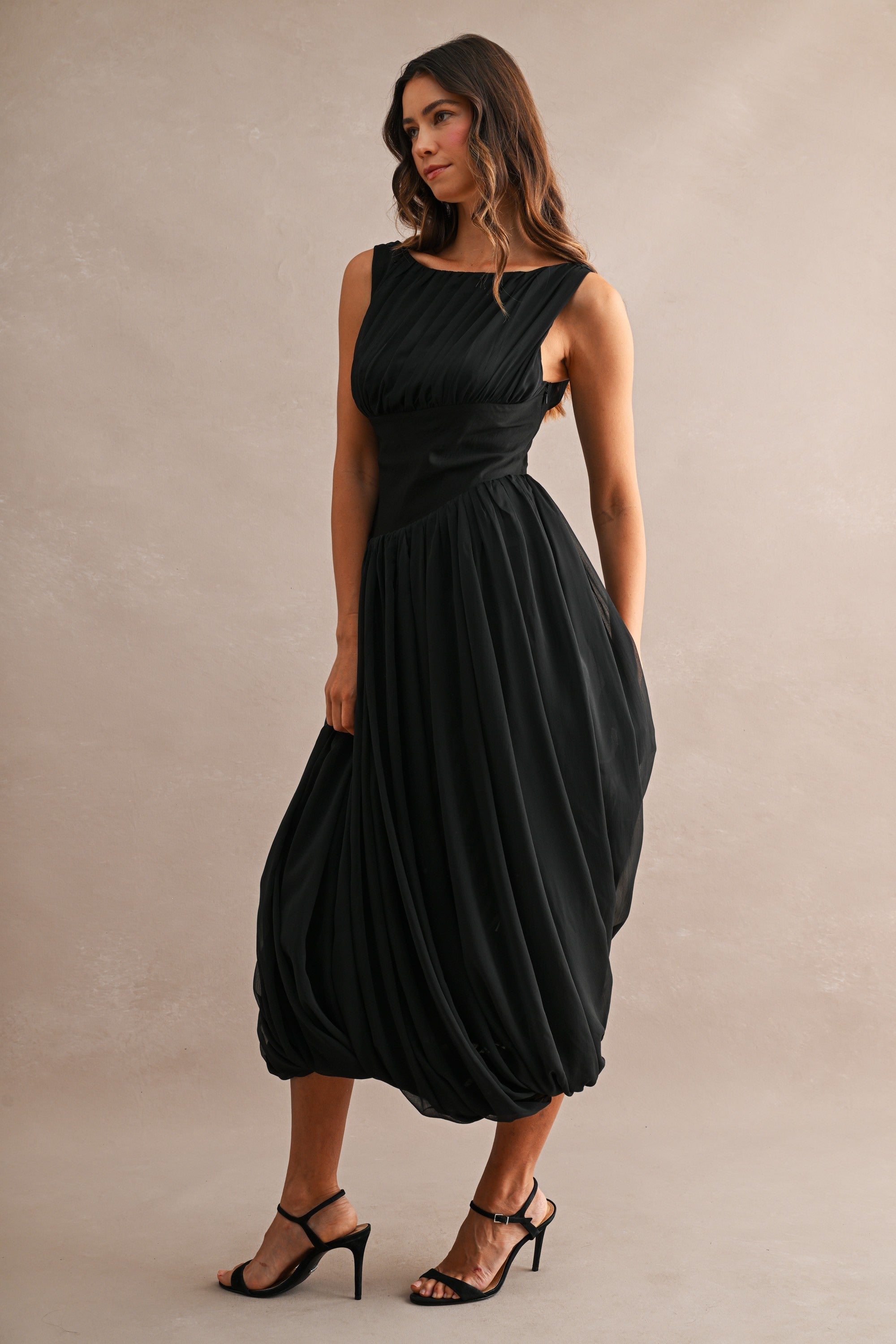 Bubble Hem Draped Midi Dress