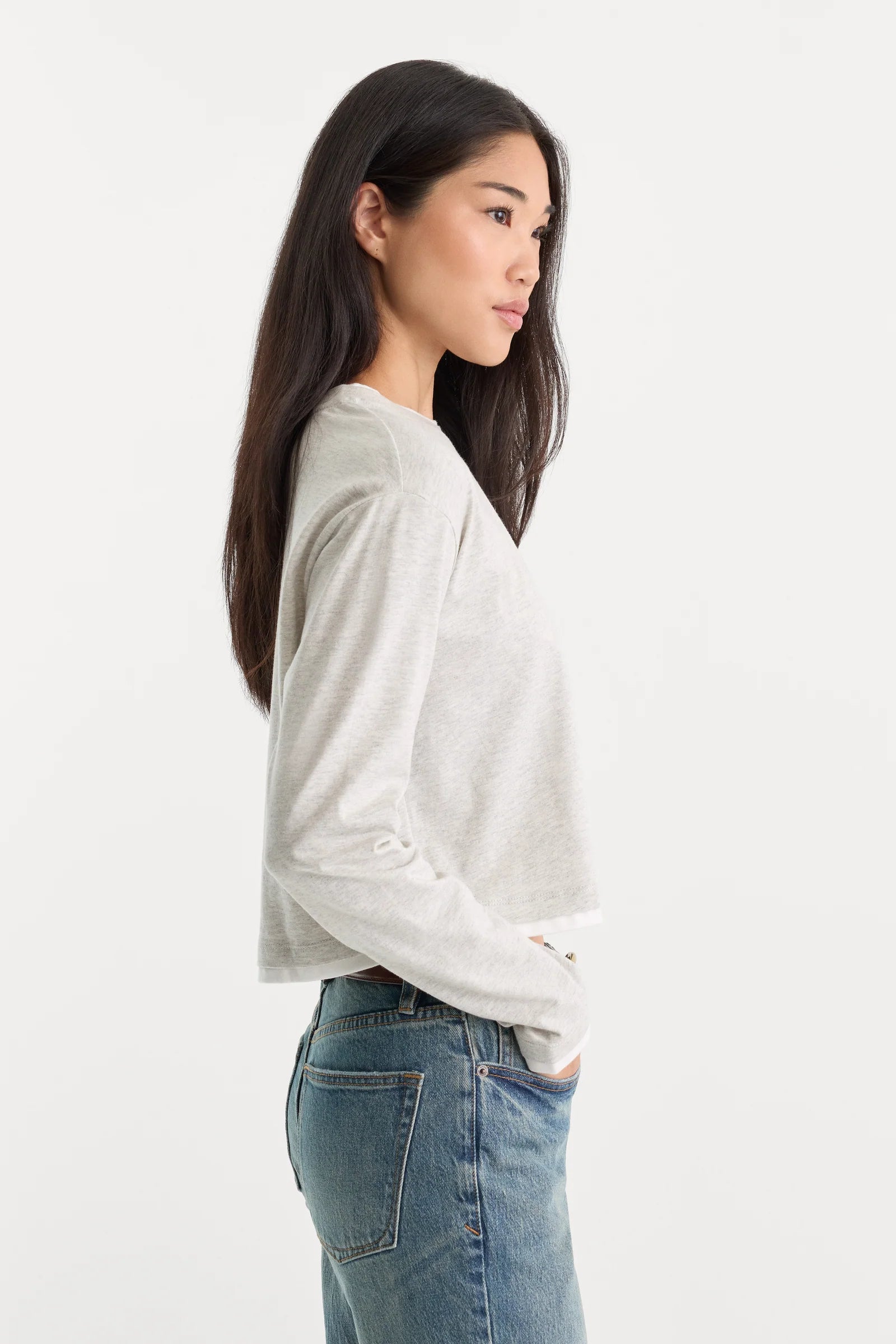 Good American - The Long Sleeve Layered Tee - Heather Grey